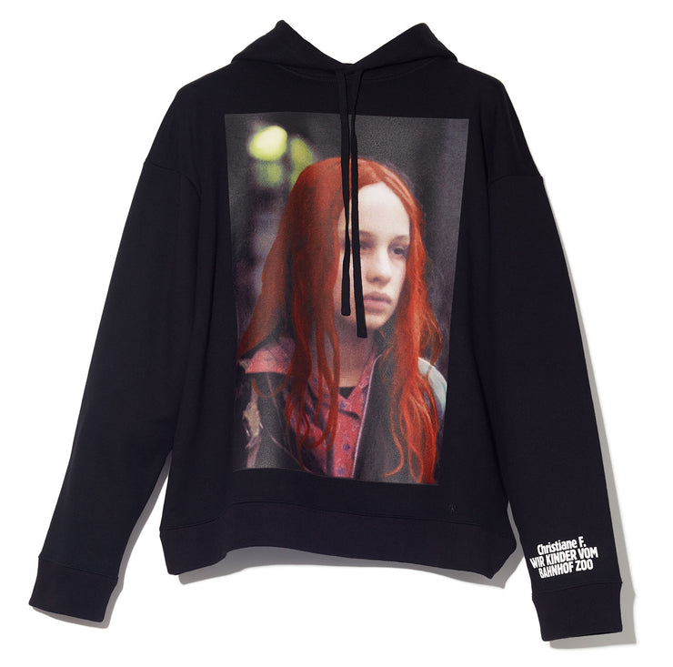 Drawstring at hood. Imagery of the Christiane F. – Wir Kinder vom Bahnhof Zoo movie is printed on front and back. Rib knit cuffs and hem. Dropped shoulders. Tonal stitching. - front