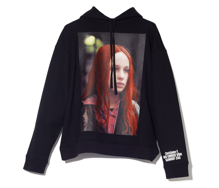 Drawstring at hood. Imagery of the Christiane F. – Wir Kinder vom Bahnhof Zoo movie is printed on front and back. Rib knit cuffs and hem. Dropped shoulders. Tonal stitching. - front